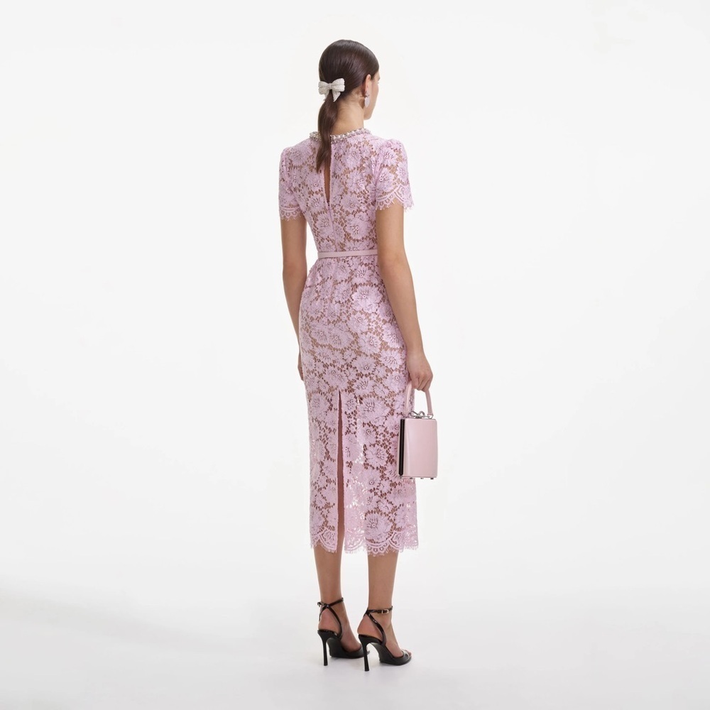 NEW Self-Portrait Fine Lace Pearl Midi Dress in Pink | UK 8 / US 4 - Picture 2 of 15
